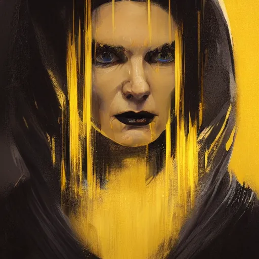 Image similar to portrait of a woman by greg rutkowski, a woman with yellow skin, black lips wearing black robes and a hodd, evil energy, star wars expanded universe, she is about 6 0 years old, highly detailed portrait, digital painting, artstation, concept art, smooth, sharp foccus ilustration, artstation hq