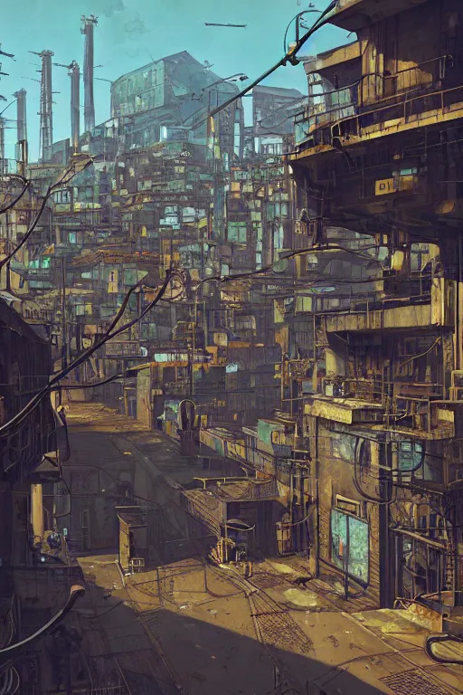 Image similar to a industrial STEAMPUNK CITY Street scenery in the FAVELAS, signs, billboards and cable Connecting MULTI LVL BUILDINGS, rendered by simon stålenhag, rendered by Beeple, Makoto Shinkai, syd meade, environment concept, digital art, starwars, raphael lacoste, eddie mendoza, alex ross, concept art, cinematic lighting, , unreal engine, 3 point perspective, WLOP, trending on artstation, low level, 4K UHD image, octane render,