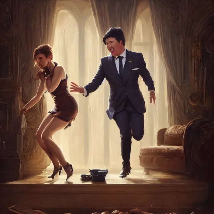 Image similar to portrait of michael mcintyre leaving on a sofa with a singing waitress, elegant, real life skin, intricate artwork, high detailed, artstation, concept art, smooth, sharpz focus, art by artgerm and greg rutkowski