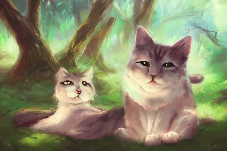 Image similar to cat in the forest, frontlighting, digital art, trending on artstation, fanart, by kawacy