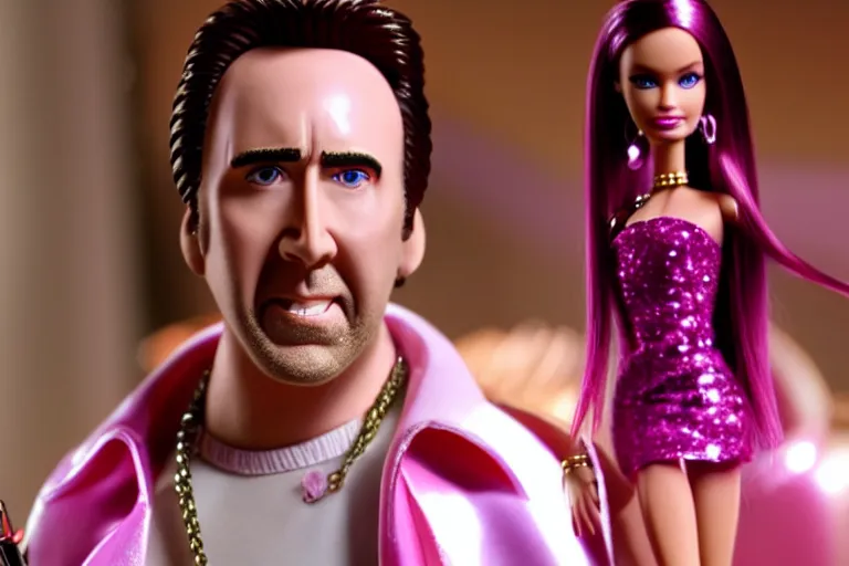 Prompt: Nicolas cage party barbie high resolution still film