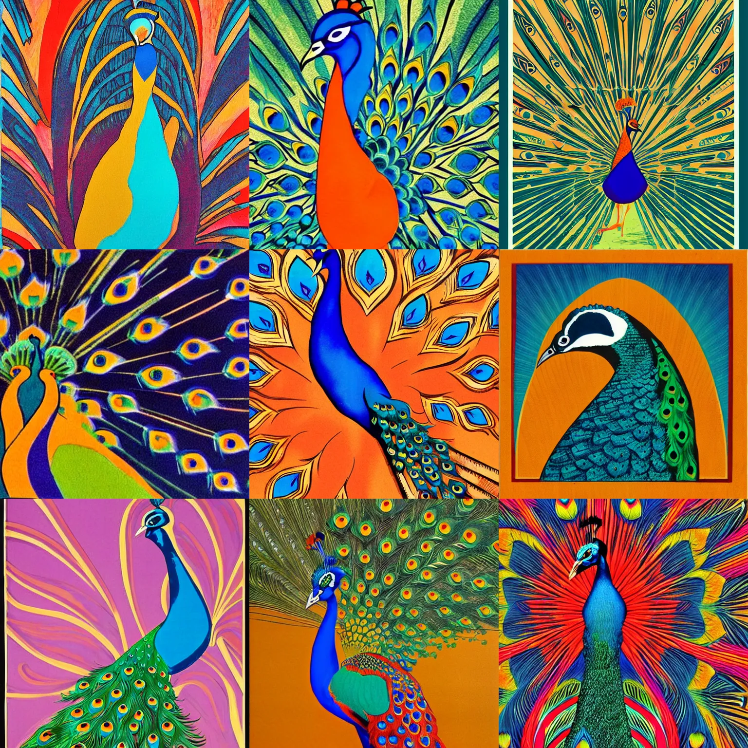 Prompt: peacock in the desert, 7 0 s art deco, groovy, warm colors, funky, abstract