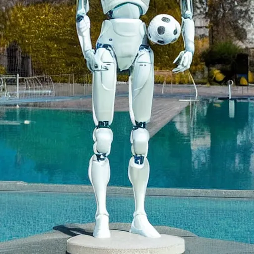 Image similar to a realistic detailed photo of a guy who is an attractive humanoid who is half robot and half humanoid, who is a male android, soccer player martin ødegaard, shiny skin, posing like a statue, blank stare, by the pool, on display, showing off his muscles, humanoid robot, frozen ice statue