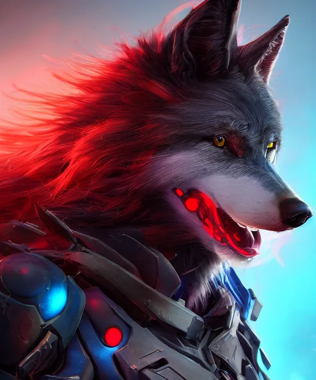 Image similar to portrait of a male anthropomorphic dark gray wolf with red hair and blue eyes in a futuristic city, hyper detailed, digital art, trending in artstation, cinematic lighting, studio quality, smooth render, unreal engine 5 rendered, octane rendered, art style by pixar dreamworks warner bros disney riot games and overwatch.