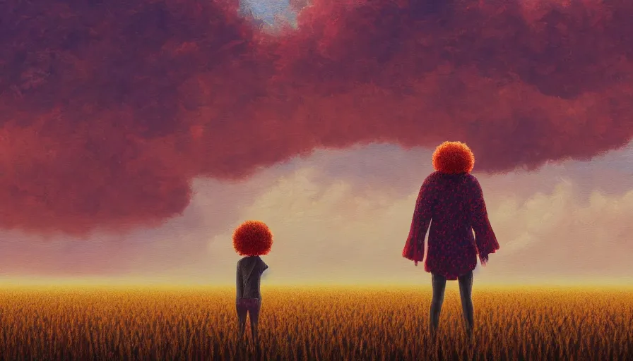 Image similar to giant red carnation afro head, full body, girl watching sunset, empty wheat field, surreal photography, forest background, dramatic light, impressionist painting, colorful clouds, digital painting, pointillism, artstation, simon stalenhag