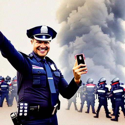 Image similar to smiling cop takes a selfie in front of a riot, time magazine 2 0 2 2, high detail, 8 k