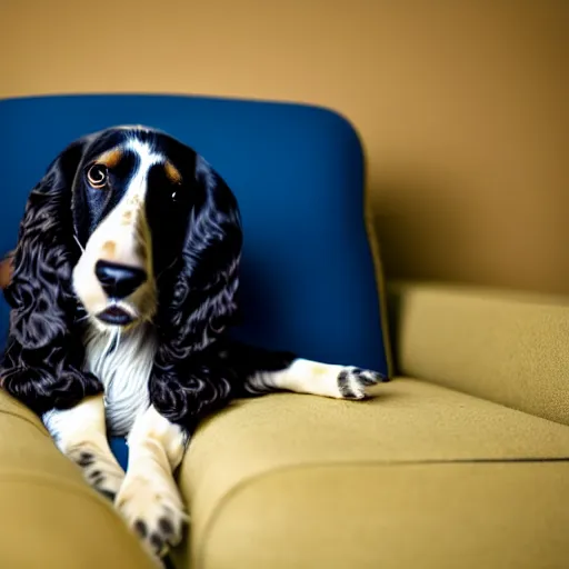 Image similar to a cute spaniel spread out on a plush blue sofa. Award winning photograph, soft focus, depth of field, rule of thirds, national geographic, golden hour, style of Vogelsang, Elke, symmetric