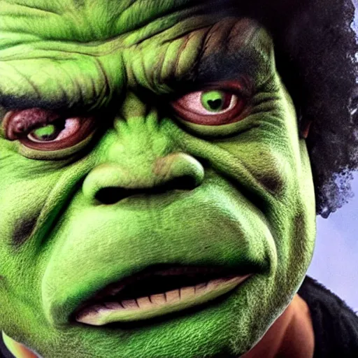 Prompt: pepe hulk, realistic, frame from marvel movie