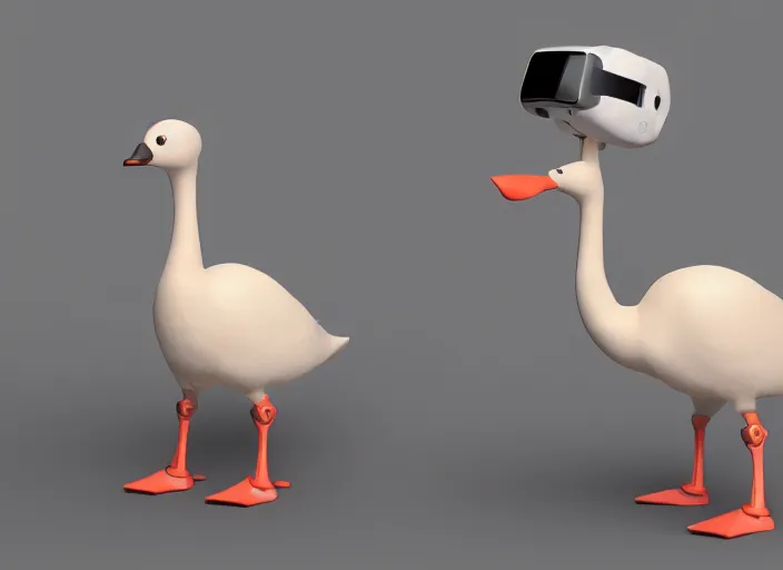 Image similar to Clay render of a cute robotic Goose with a VR headset; trending on artstation, Octane render, Unreal Engine, highly detailed