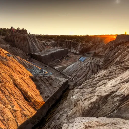 Prompt: bottom-up view from a huge deep multicoloured rock quarry in the evening light ultra detailed by National Geographic style, golden hour, atmospheric lighting, 8k resolution, best color graded, vray beautiful, hyper-realistic render W 1080 H 1080