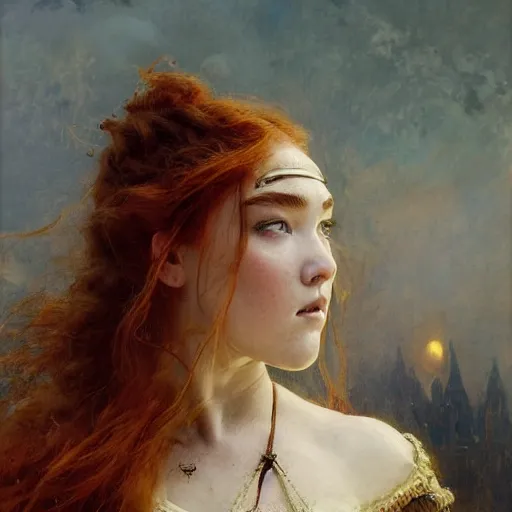 Image similar to young redheaded florence pugh, wearing black ornamented medieval armour, detailed, by gaston bussiere, bayard wu, greg rutkowski, giger, maxim verehin, greg rutkowski, masterpiece, sharp focus,