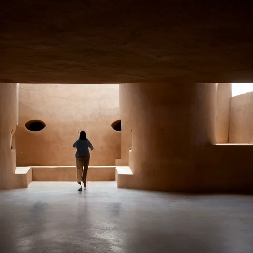 Image similar to indoor photo of a complex cultural building made of totemic rammed earth, people walking