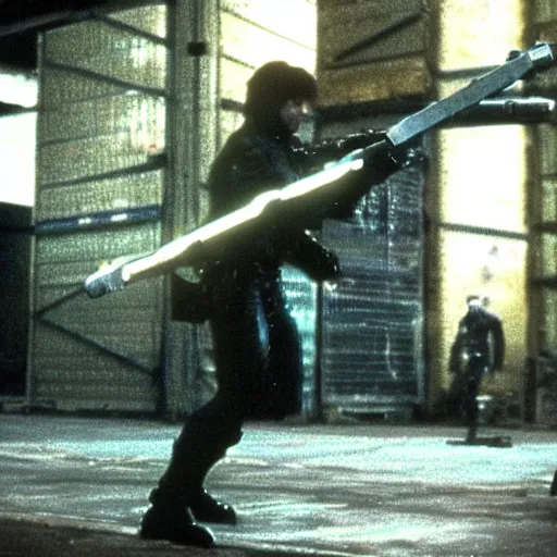 Prompt: metal gear weapon in a warehouse, dramatic shot, 1 9 8 7, movie still