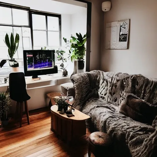 Image similar to a cozy HYGGE gaming station, dim lights, many plants, night