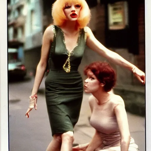 Image similar to 1981 color archival photo of a glamorous woman in a dress, and her friend, who looks like Casper the Friendly Ghost, in a sidewalk cafe, 16mm film soft color, earth tones and soft color 1981, live-action archival footage, in style of doris wishman russ meyer, woman looks like young mia farrow