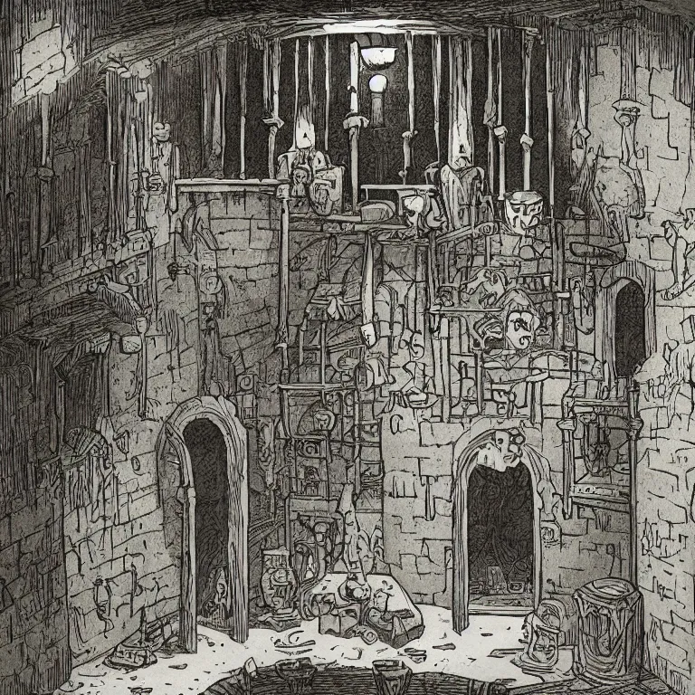 Prompt: description of room in the dungeon, description, osr dungeon, tomb of horror, illustration