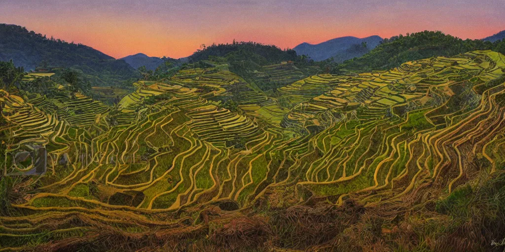 Prompt: painting of rice terraces in the evening