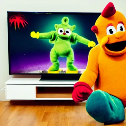 Image similar to teletubby with scary movie on his tv
