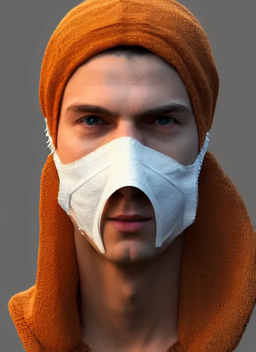 Image similar to 3 d model of a european young man covering face with fabric mask, ultrarealistic, octane rendered, unreal engine 5, ray tracing, subsurface scattering, studio lighting, trending on artstation, extremely detailed