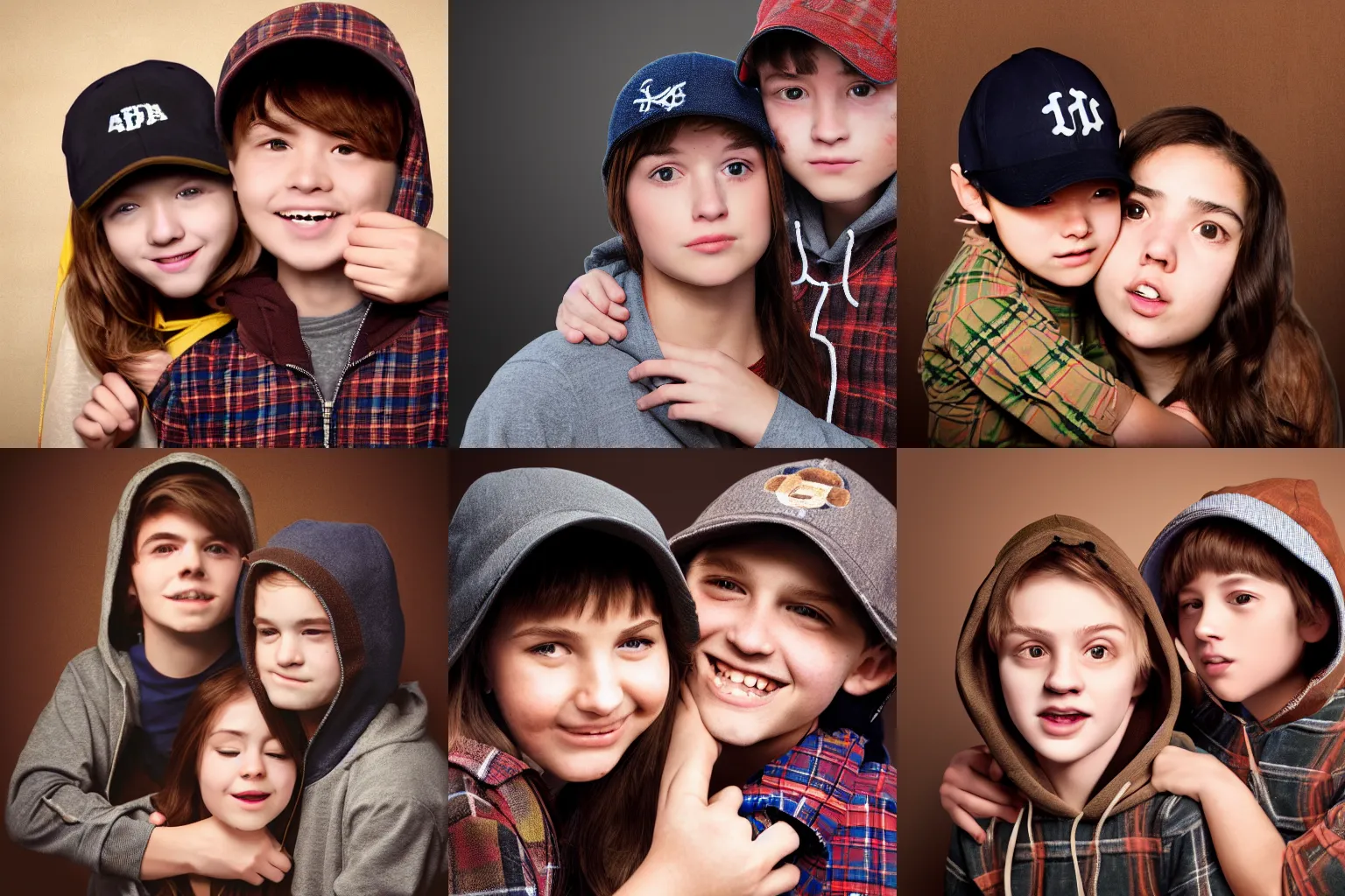 Prompt: a girl in hoodie and baseball cap wrapping arms around a brown haired boy in plaid shirt in a photobooth, artstation portrait painting, ultra detailed matte painting