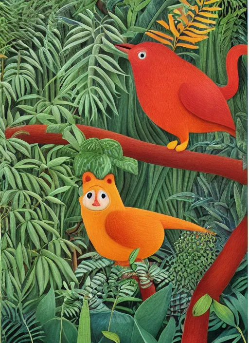 Image similar to rare bird in the jungle, highly detailed, style of henri rousseau and richard scarry