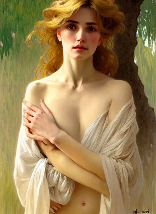 Prompt: painted portrait of a shy wife blessed by god to grow immaculately attractive and perfect. blonde, clothed holy body, light effect. modern fantasy, feminine, fertile, in clothes! highly detailed, intricate, elegant, fertility, concept art, digital painting, artstation, smooth, sharp focus, illustration, art by gaston bussiere and alphonse mucha