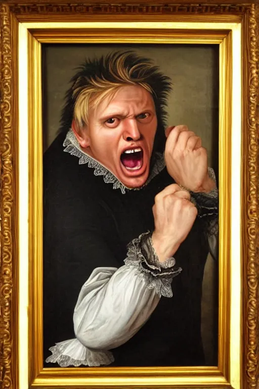 Prompt: a 1 6 0 0 s framed portrait painting of gary busey screaming, intricate, elegant, highly detailed