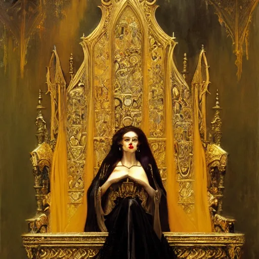 Prompt: perfectly centered portrait of beautiful vampire queen in gold gothic robe sitting on a throne of bones, painting by gaston bussiere, craig mullins, j. c. leyendecker, 8 k, mid shot