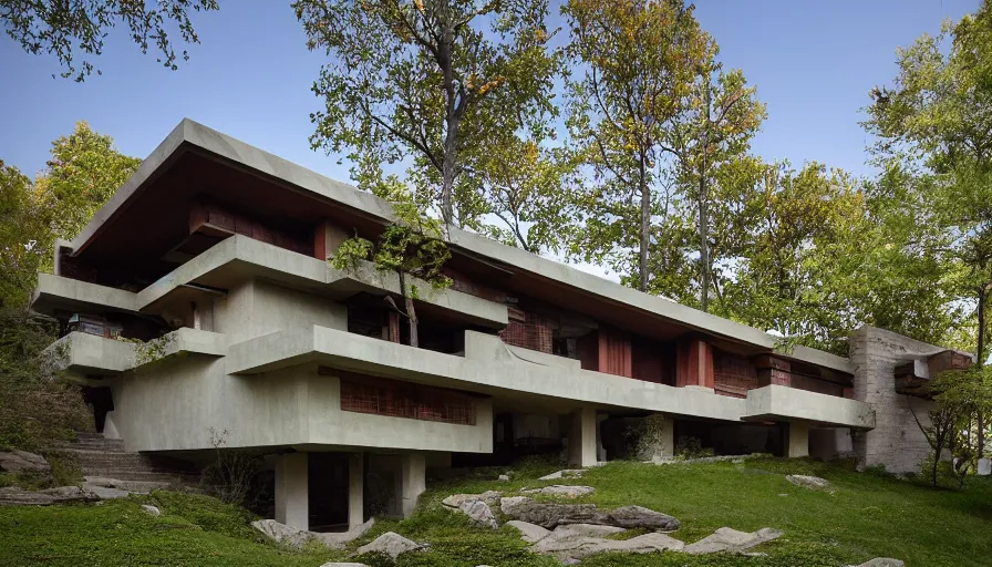 Image similar to modern house with courtyard, tibetan inspired architecture, on a green hill between trees and big boulders, frank lloyd wright, photorealistic, cyberpunk