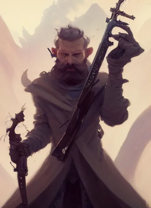 Image similar to low angle picture of a weapon master, holding a ego weapons to the camera, long black jacket, neat white beard and hair, bored, tired, smoking, ego weapons all over the place, squat down, intricate, masterpiece, epic fantasy illustrations by peter mohrbacher and anato finnstark and jeremy lipking