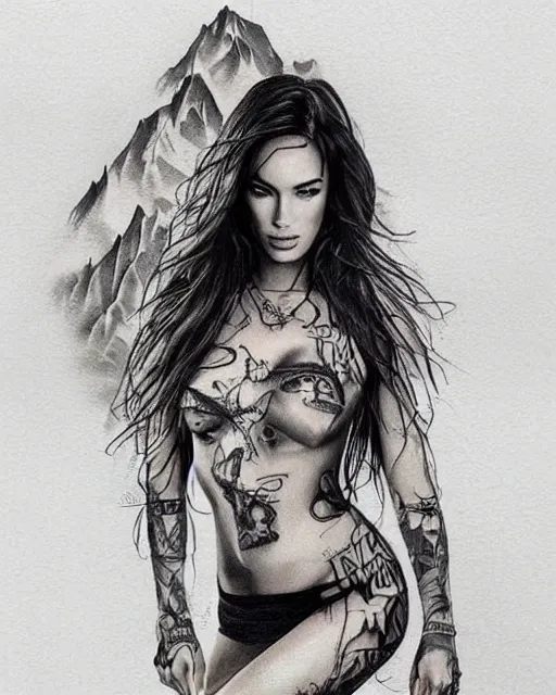 Image similar to surrealist double exposure effect tattoo design sketch of megan fox with beautiful mountains, realism tattoo, in the style of andrey lukovnikov, amazing detail, sharp