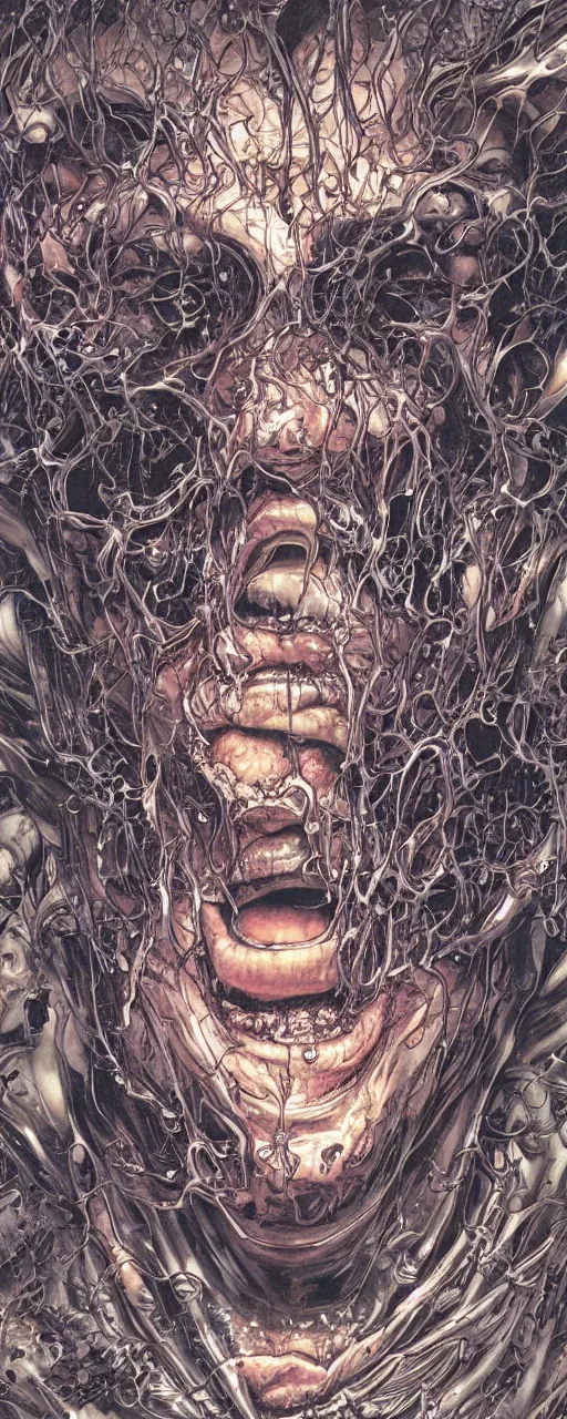 Image similar to closeup of face melting in agony, inside dark oil, frontal picture, by yoichi hatakenaka, masamune shirow, josan gonzales and dan mumford, ayami kojima