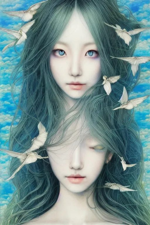 Image similar to breathtaking Portrait fairy by Miho Hirano, realistic, detailed, blue, green tonalities, beautiful collage technique including birds, CAT, ornate background, beautiful Fantasy detailed trending on artstation, oil painting, Dramatic lighting, eterea , high quality print, fine art with subtle redshift rendering