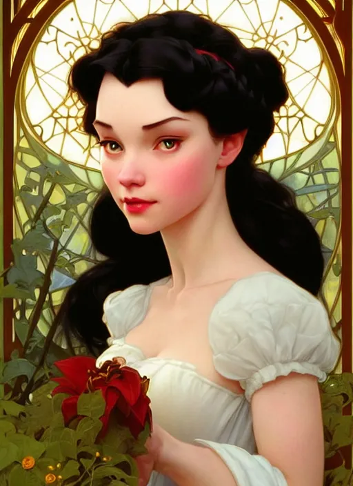 Image similar to portrait of disney snowhite, intricate, elegant, highly detailed, my rendition, digital painting, artstation, concept art, smooth, sharp focus, illustration, art by artgerm and greg rutkowski and alphonse mucha and uang guangjian and gil elvgren and sachin teng, symmetry!!