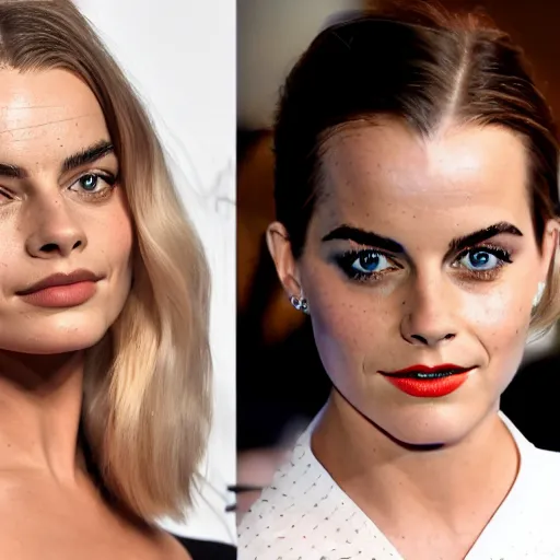 Image similar to a woman who is a genetic combination of margot robbie and emma watson face and upper - body focus