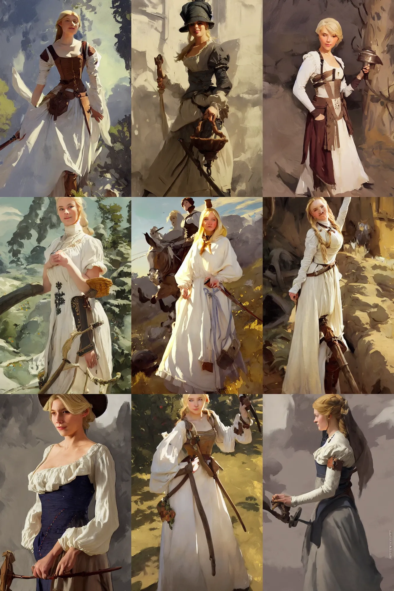 Prompt: portrait of medieval village finnish norway scandinavian maiden wearing empire waist regency dress jodhpurs greg manchess painting by sargent and leyendecker, studio ghibli, fantasy, medium shot, asymmetrical, intricate, elegant, matte painting, illustration, hearthstone, by greg rutkowski, by greg tocchini, by james gilleard, by joe fenton