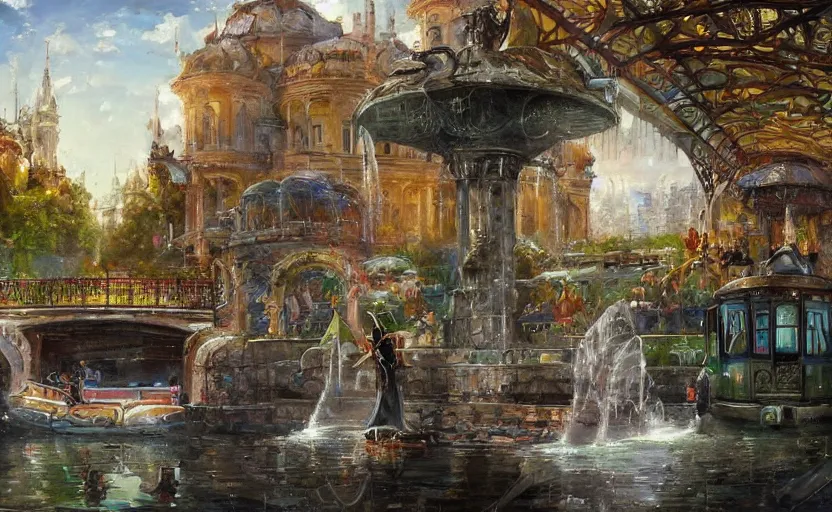 Image similar to An urban train rides inside of a waterway on a fantasy city, next to a fountain and a mystical palace. By Konstantin Razumov, horror scene, highly detailded