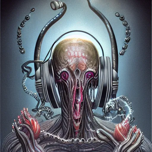 Image similar to ilithid mindflayer wearing headphones and playing synthesizers, glowing candles, elegant, intricate, digital painting, airbrush painting, artstation, sharp focus, illustration, by HR Giger,