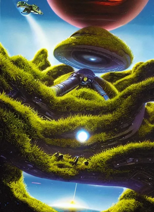 Prompt: alien planet with stange plants and an alien animal looking up to a hovering spaceship, low angle shot, concept art, by chris foss and michael whelan, concept art, digital illustration, trending on artstation, 8 k