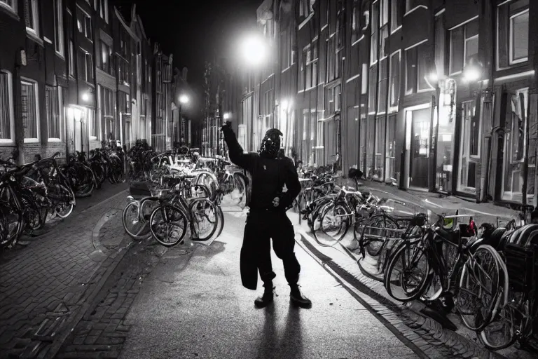 Image similar to photography of a cypherpunk arrested in amsterdam at night