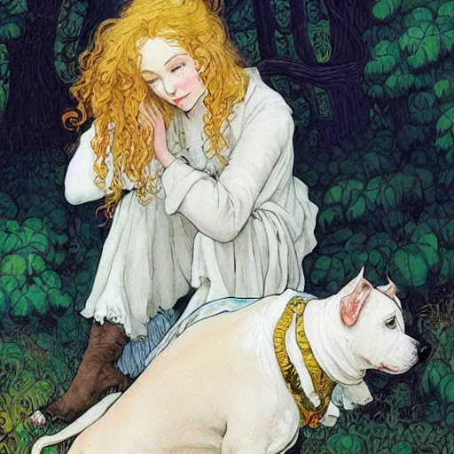 Prompt: pretty girl with curly blonde hair pets a white pitbull sitting next to her, painting by rebecca guay