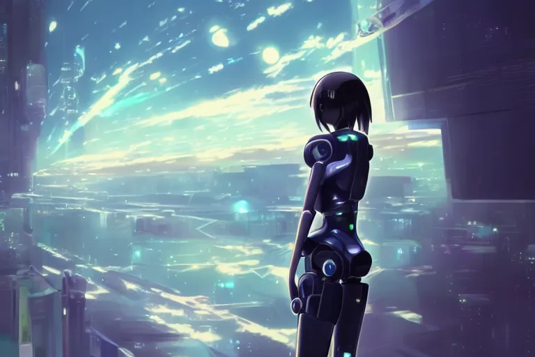 Prompt: makoto shinkai robotic android girl. futuristic cyberpunk. dystopia. vibrant nebula sky.