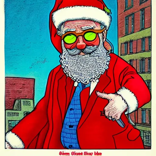 Image similar to The Artwork of R. Crumb and his Cheap Suit Santa Claus tells you to be good , pencil and colored marker artwork, trailer-trash lifestyle