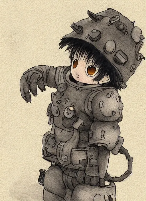 Image similar to beautiful little boy wearing an cyborg bear suit, artwork in kentaro miura and made in abyss and rosdraws, smooth, beautiful lightness, anatomically correct, trending on pixiv, forest