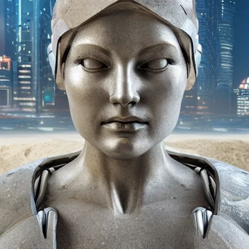 Prompt: the head of a marble cybernetic lady justice statue on ground covered in sand, cyberpunk background, highly detailed, epic lighting, hyper photorealism, 8 k