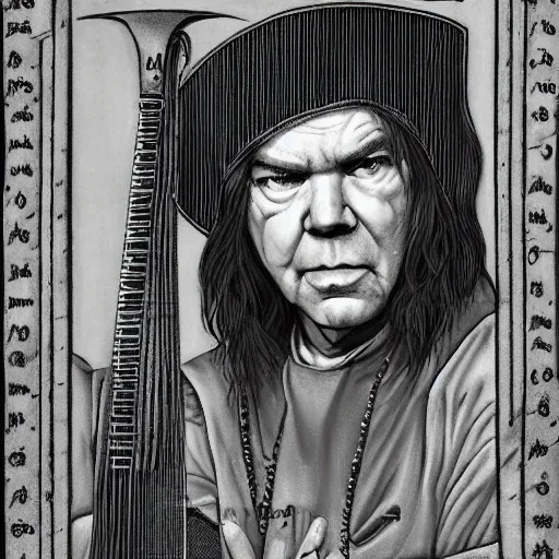 Image similar to a portrait of neil young as a medieval bard