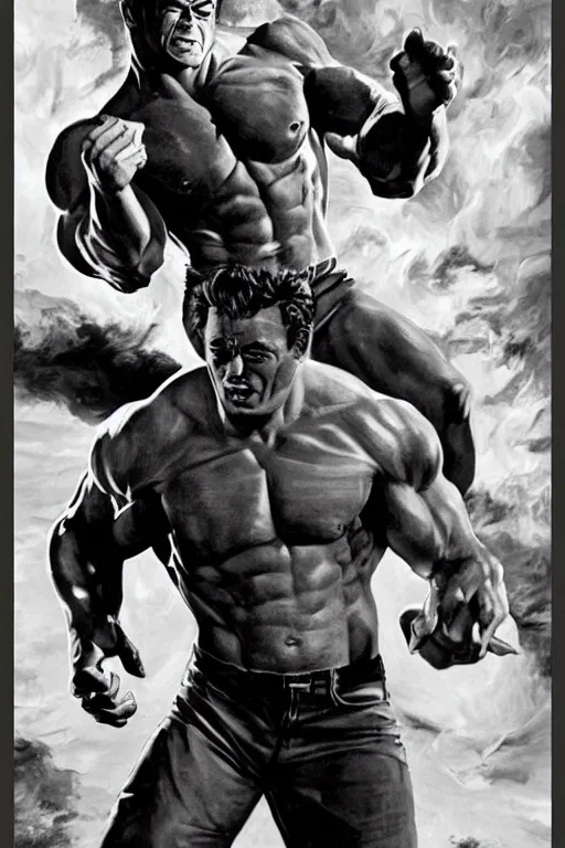 Prompt: james dean as the incredible hulk! towering, tall, large, huge, big! detailed photoillustration.