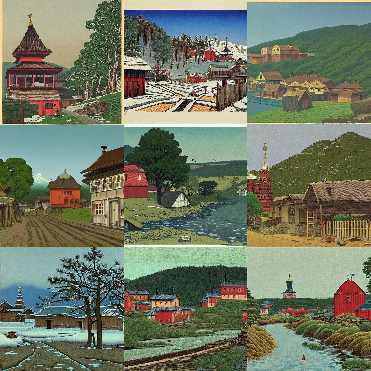 Prompt: russian village by Hasui Kawase