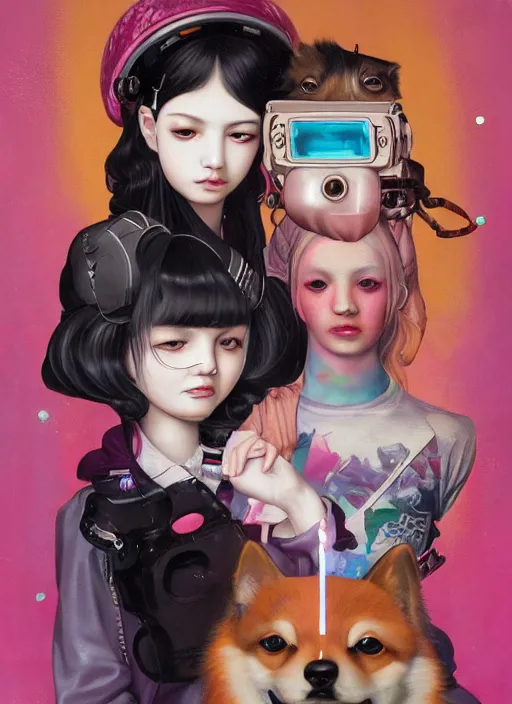 Prompt: beautiful portrait painting of a cute idol lofi cyberpunk princess and her corgi assassin king, by Afarin Sajedi, Alessandro Barbucci, Alex Gross, Shin Jeongho, Shohei Otomo. trending on Artstation, 8k, masterpiece, face enhance, graffiti paint, fine detail, full of color, intricate detail, golden ratio illustration