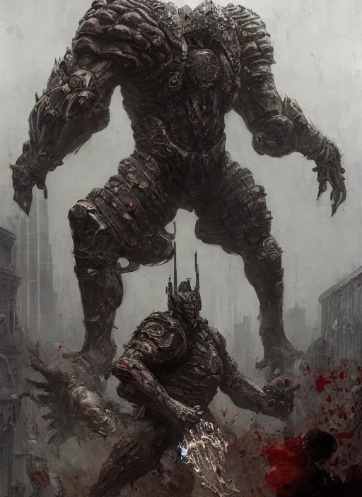 Prompt: full body portrait of martyn ford as huge towering bipedal horror demon with bulbous torso wearing armour walks down city street, people flee, painted by ruan jia, raymond swanland, lawrence alma tadema, zdzislaw beksinski, norman rockwell, jack kirby, tom lovell, alex malveda, greg staples